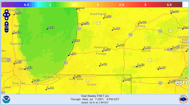 Total weekly forecasted reference evapotranspiration (FRET) July 1-7. 